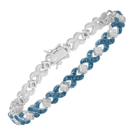 Xoxo Tennis Bracelet with Blue Diamond in Sterling Silver-Plated Brass, 7 1/4