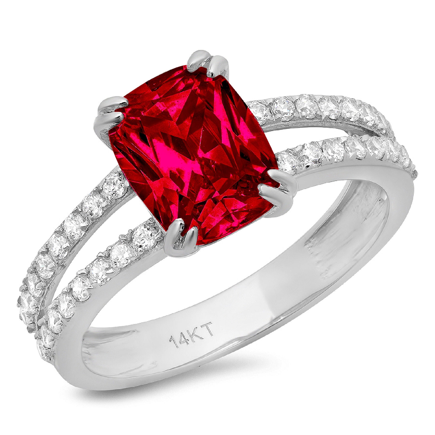 Red Ruby Brilliant Round Sterling Silver Engagement Wedding Ring Set 2.35 Ctw 