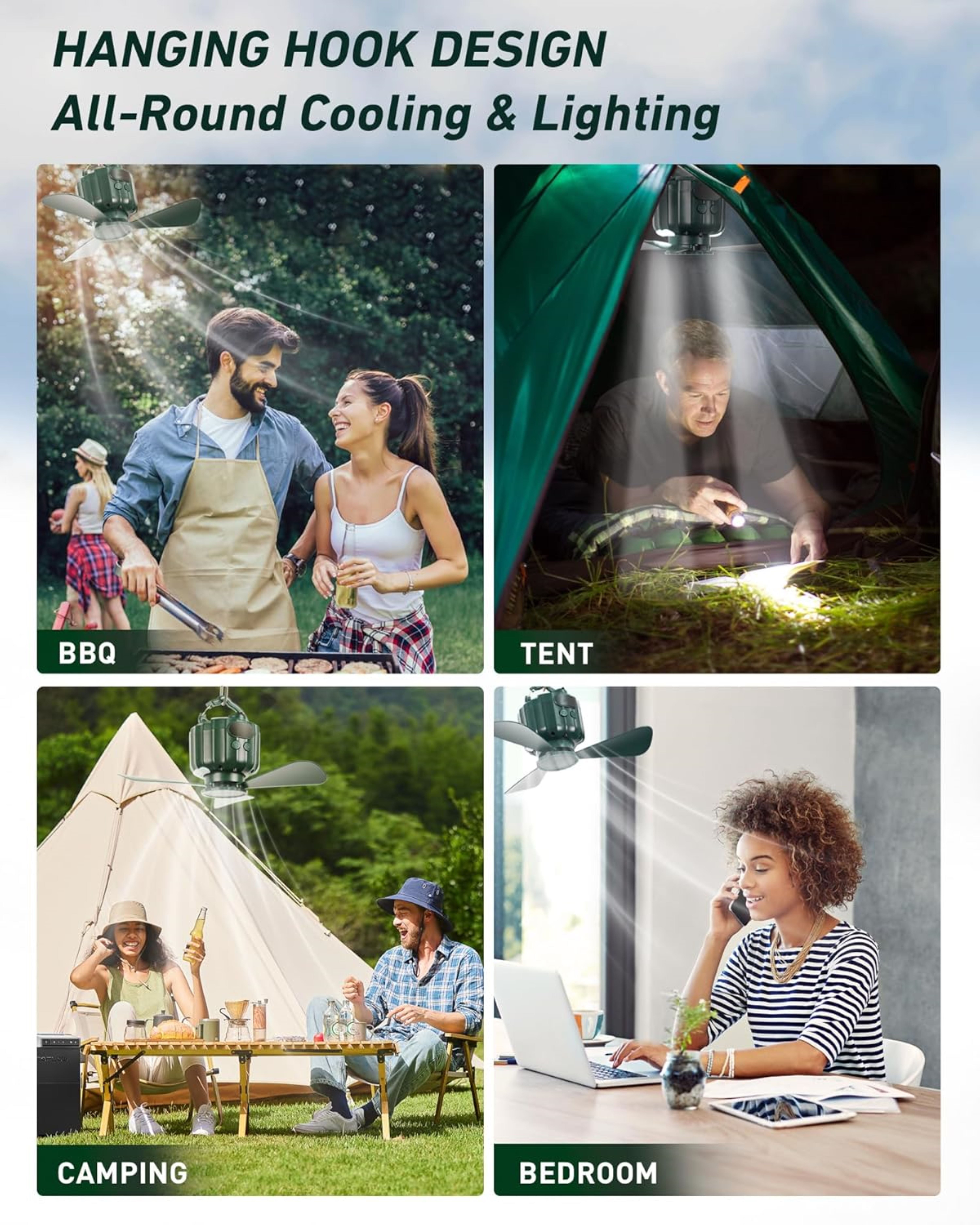 Portable Ceiling Fans with Remote Control, Power Bank, USB Battery Operated Camping Fan with Hanging Hook for Canopy Tents, Emergency Survival