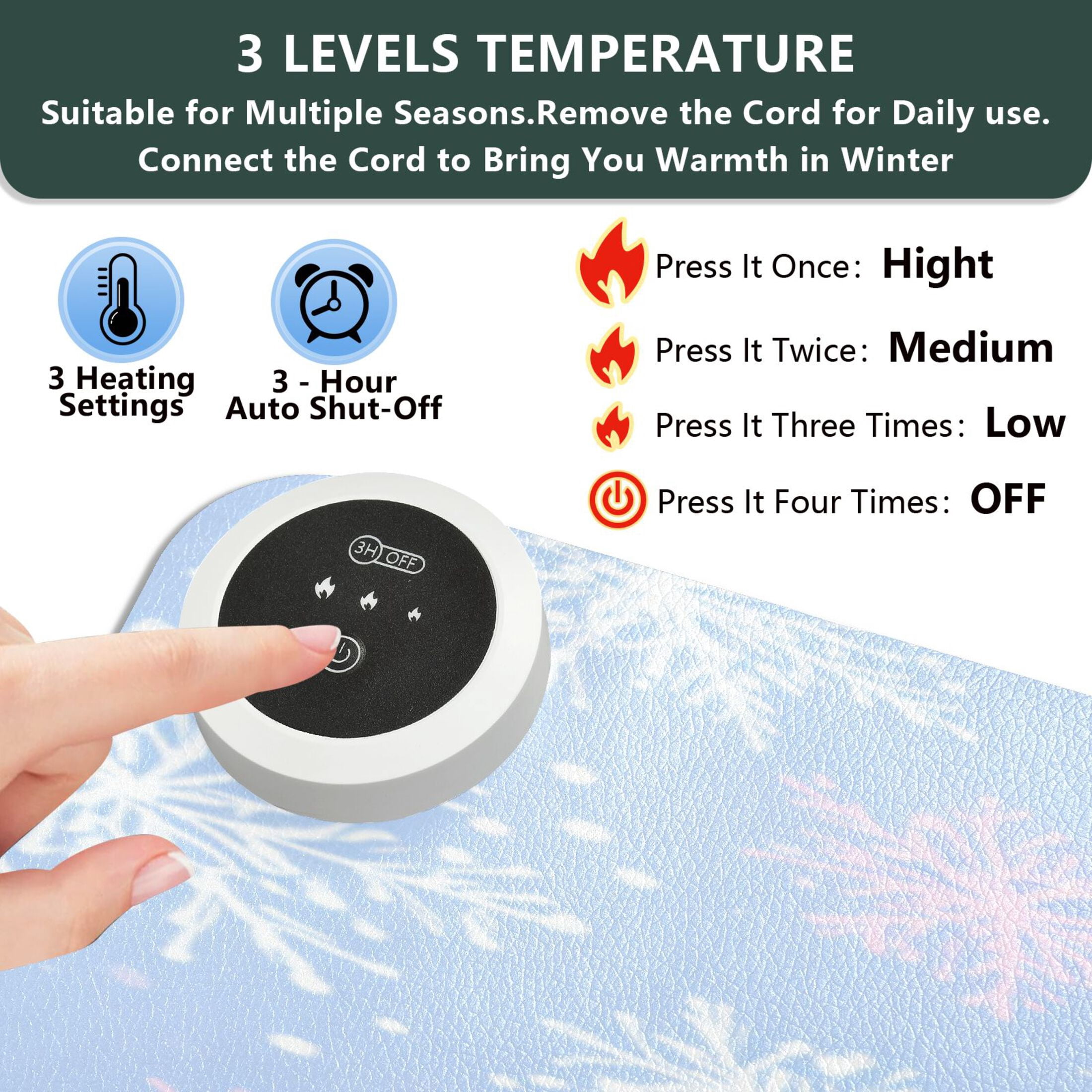 Large Heated Desk Mat Mouse Pad 31.5"x13"PU Leather Graphene Heating Desk Warmer with 3 Temperature Settings 110V US Plug Non-Slip Warm Pad for Home, Office, and Gaming Pale Blue Snowflakes Pattern