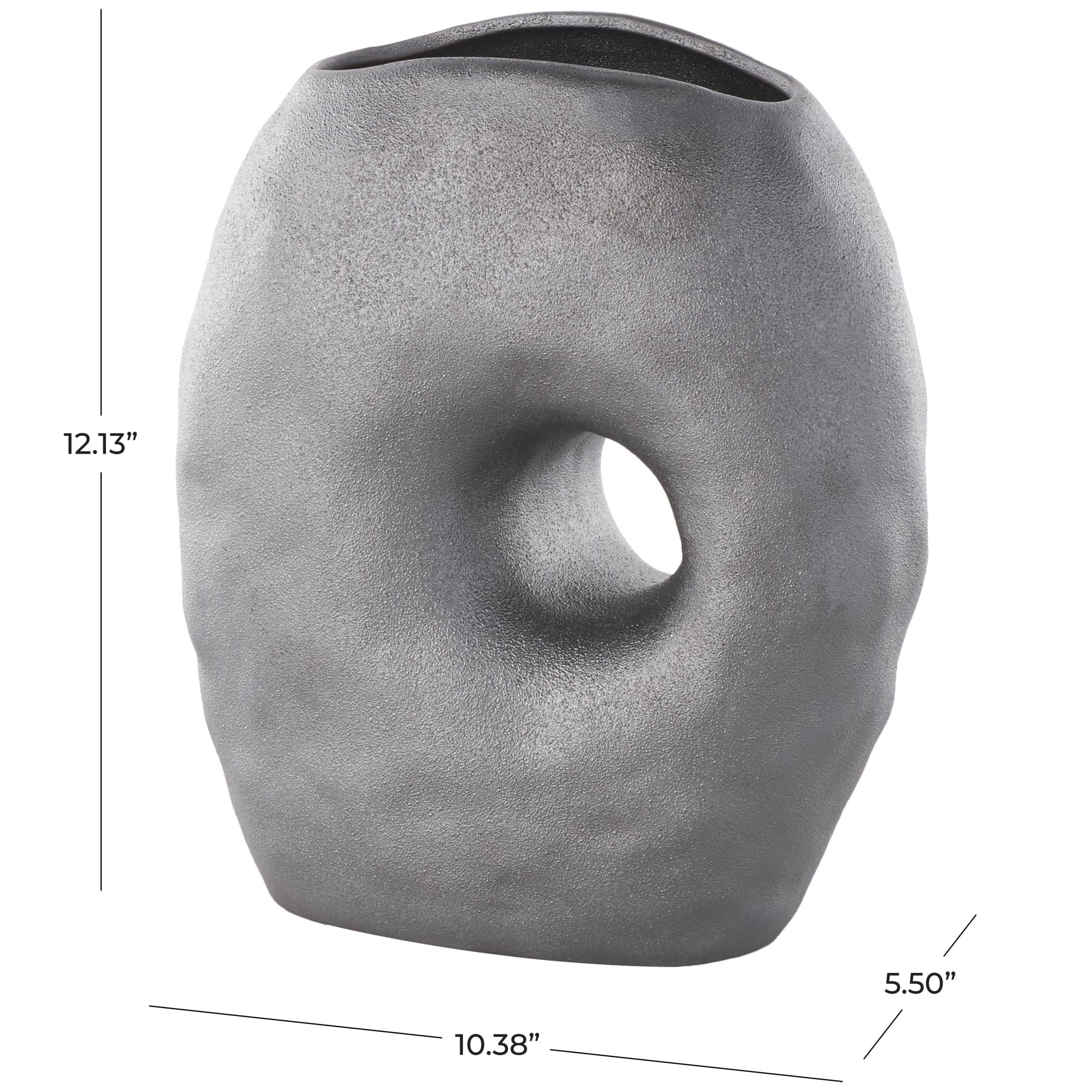 DecMode 12" Abstract Wavy Donut Gray Ceramic Vase with Cutout Center