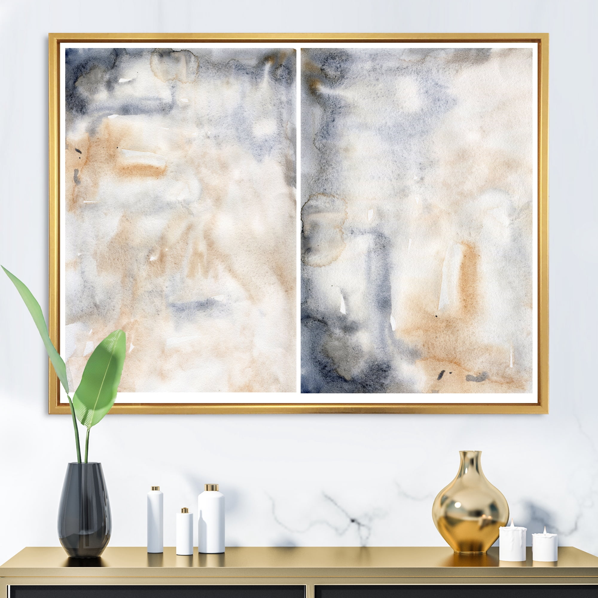 Abstract Paste With Dark Blue and Beige 20 in x 12 in Framed Painting Canvas Art Print, by Designart