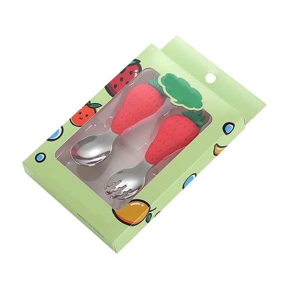 2-Piece Baby Fork and Spoon Set Stainless Steel Silicone Handles Self Feeding Toddler Silverware Drop Resistant Travel Case for Boys Girls Strawberry