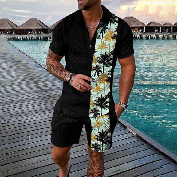Vedolay Two Piece Short Outfit Mens Hawaiian Shirts and Shorts 2 Pieces Floral Beach Vacation Button Down Outfits,Black L