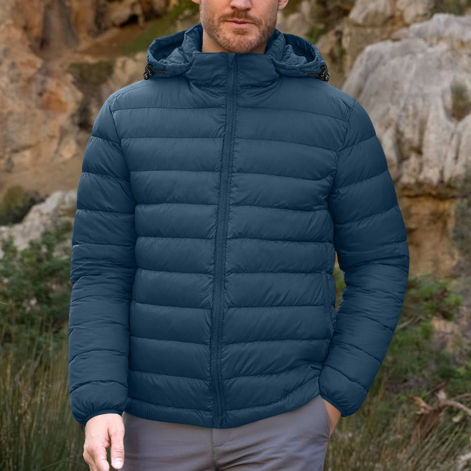 BiZtdJrK Mens Quilted Hoodie Jackets Full Zip Long Sleeve Hooded Puffer Jacket Solid Warm Fall Winter Outerwear with Pockets Navy XL