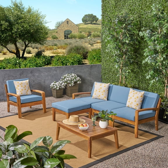 Noble House Grenada 4-Seater Sectional Sofa Set with Blue Outdoor Cushions