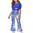 thumbnail image 2 of HVOBTTY Toddler Girl's Summer Casual Criss Puff Sleeve Crop Top and Print Flare Pants 2 Piece Outfit Suits Blue,9-10 Years, 2 of 4