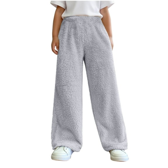 Lenpel Girl's Fuzzy Fleece Pants Children Elastic Waist Wide Leg Plush Warm Lounge Pants Baggy Casual Sweatpants(Gray,14-15 Years)