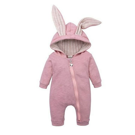

CenturyX Autumn Newborn Baby Boy Girl Hooded Solid 3D Long Rabbit Ears Hooded Zipper Romper Jumpsuit Outfit Playsuit Pink 0-6Months