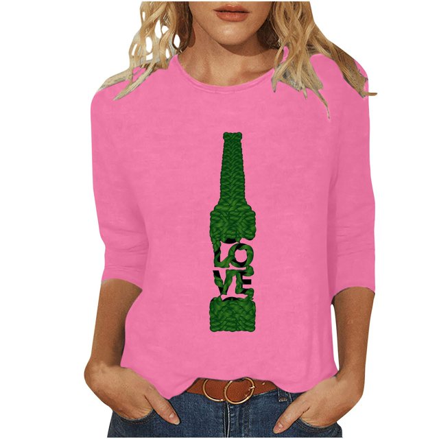 Pompotops T-Shirt d'Été Décontracté pour Femmes Imprimé Bière Col Rond Manches 3/4 Ample en Solde