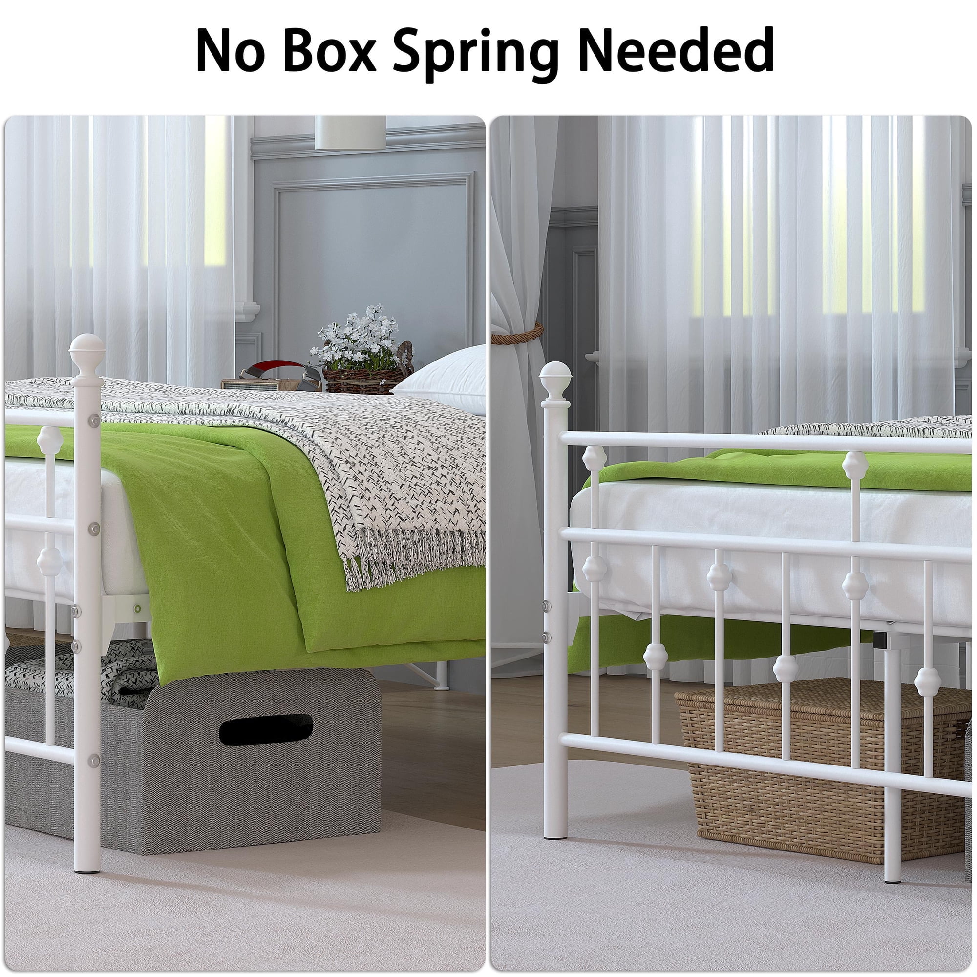 Yoneston Full Size Metal Platform Frame with Retro Headboard and 14-Inch Storage for Teens Adult, No Box Spring Needed - White