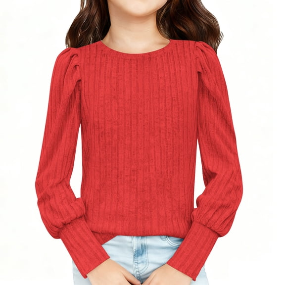 Girls' Ribbed Long Sleeve Top Crew Neck Solid Casual Pullover Comfortable Fitted Blouse for Daily Wear & Layering (5-14 Years)