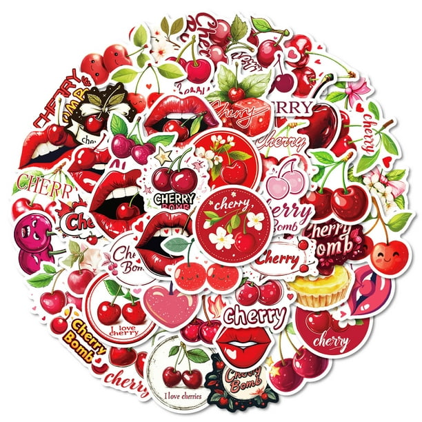 Paquete de pegatinas con tema de cereza, 50 unidades, vinilo impermeable para bricolaje