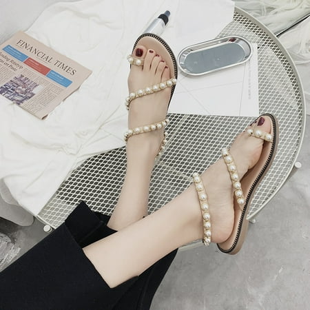 

Women s T-Strap Beaded Flower Rhinestone Flat Sandals Dress Beach Shoes-White-38