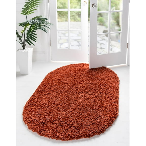 Rugs.com Solid Shag Collection Rug – 3' x 5' Oval Terracotta Shag Rug Perfect For Living Rooms, Large Dining Rooms, Open Floorplans