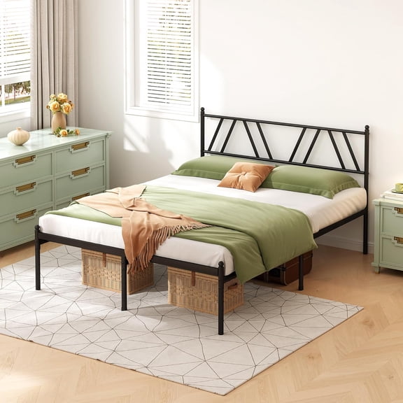 Metal Platform Bed Frame with Headboard, 14 Inches King Bed, No Box Spring Needed, Steel Slat Support, Black, Easy Assembly