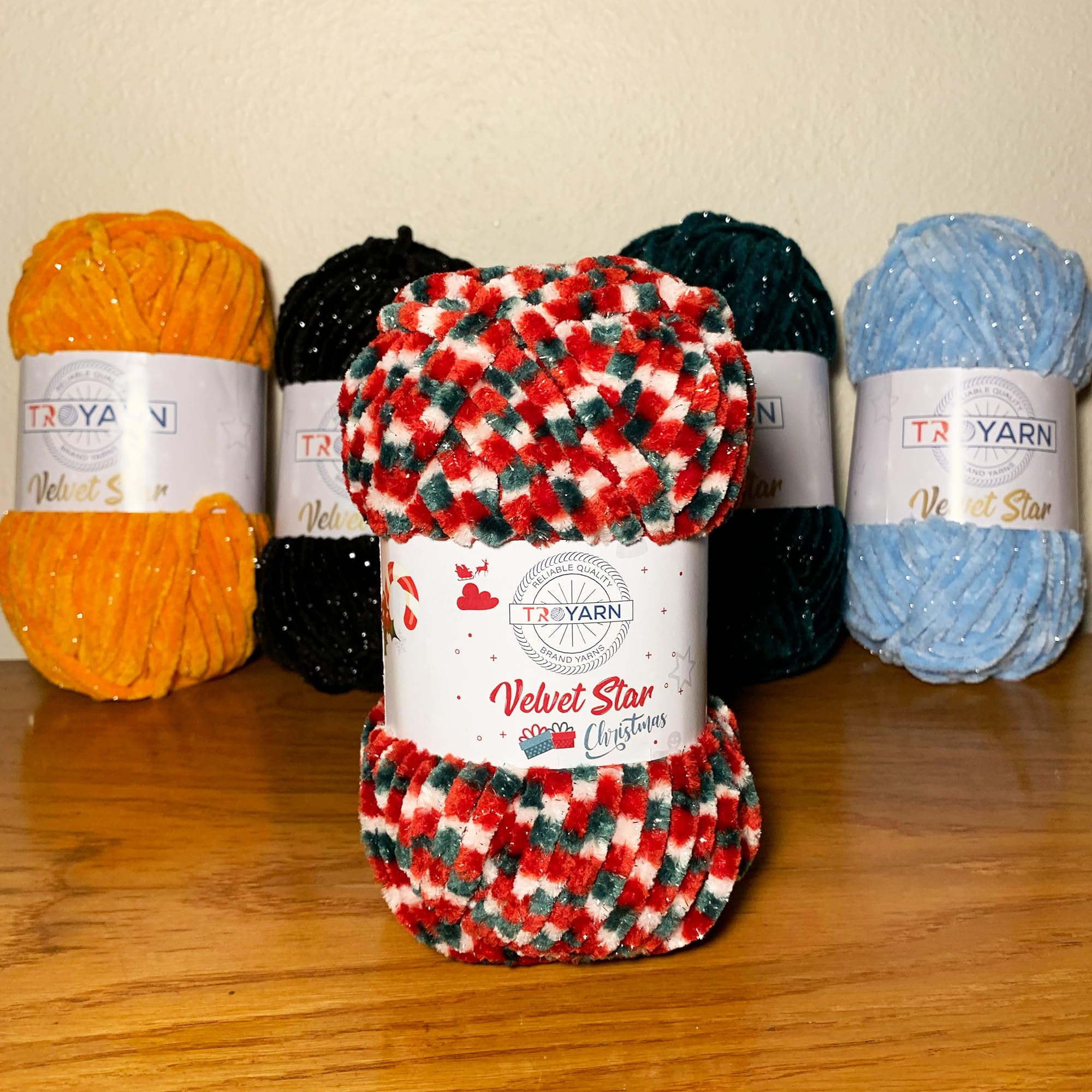 Troyarn Velvet Star (3- Skeins Pack) Silvery Glitter Chenille Baby Blanket Yarn Amigurumi Yarn for Crocheting and Knitting Super Bulky 3x100 gr (3x120 yds) (10450 - Christmas, 3 Skein)