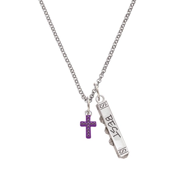 Delight Jewelry Silvertone Small Purple Crystal Cross Silvertone Best Friends Forever Bar Charm Necklace, 23"