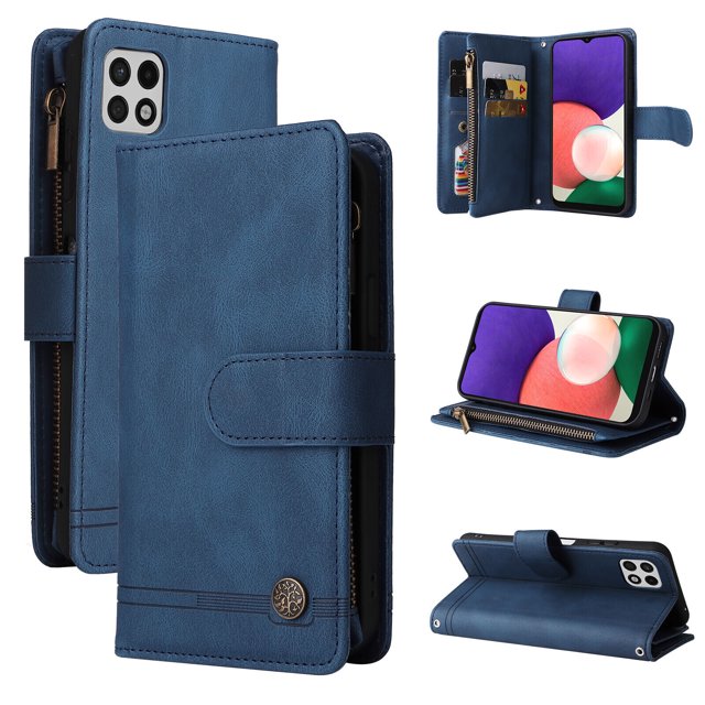 Case for Samsung Galaxy A22 5G Cover Zipper Pocket Wallet Case Magnetic Protective - Blue