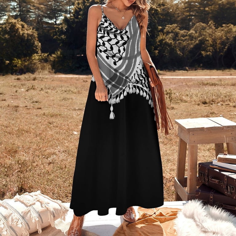 JHWJH25 Keffiyeh Neck Scarf Sleeveless Suspender Dress Summer Fashion Casual Long Dress, Women's, Size: 5XL