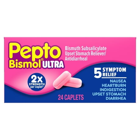 Pepto Bismol Caplets Ultra for Nausea, Heartburn, Indigestion, Upset Stomach, and Diarrhea Relief 24 ct