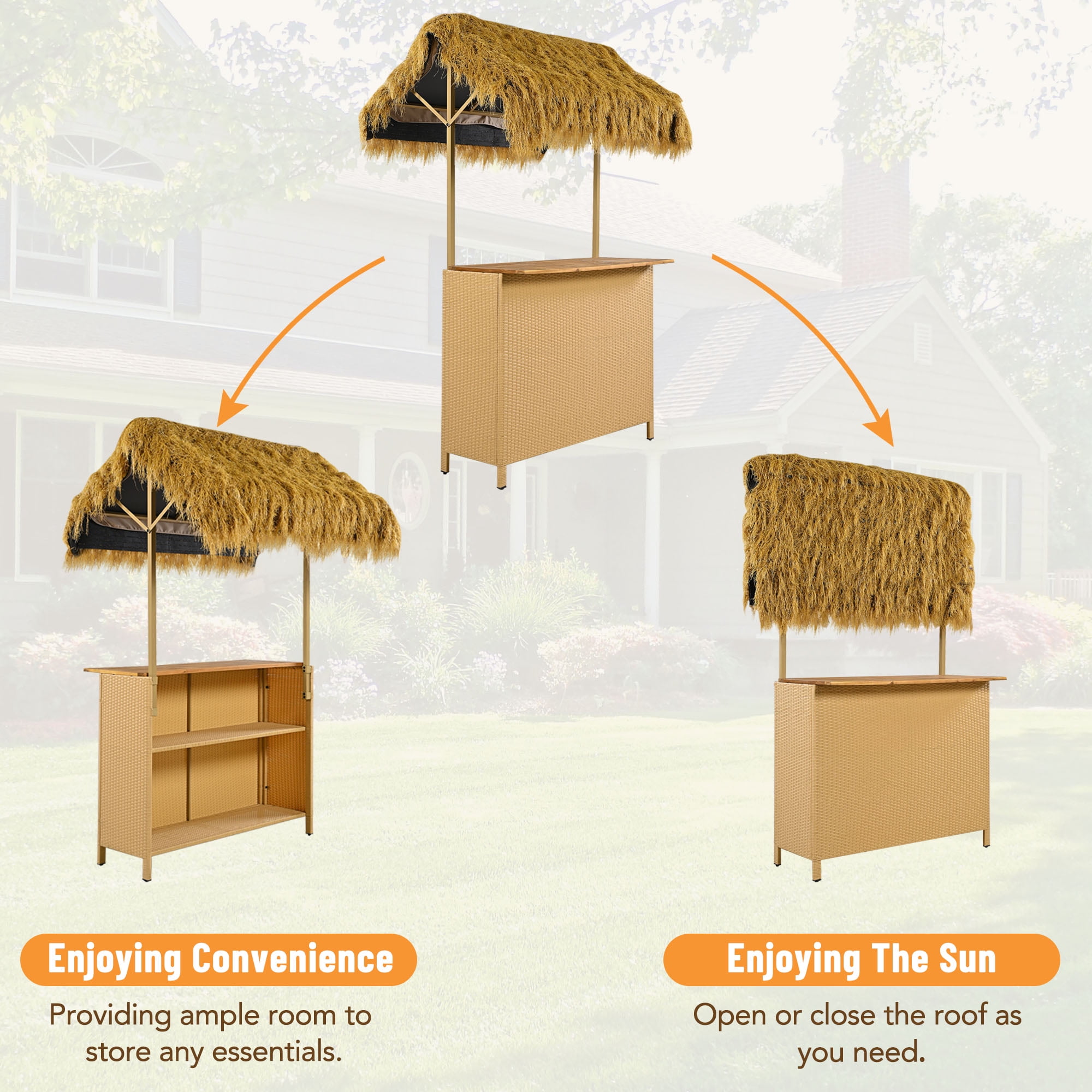 Bar Height Patio Set with PE Grass Canopy, Outdoor Bar Table and Stools with Adjustable Feet, Acacia Wood Top, for Dining and Drinking, Natural