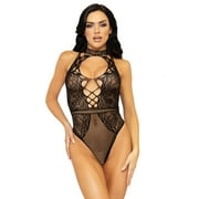 Net and Lace Keyhole Halter Bodysuit - One Size - Black
