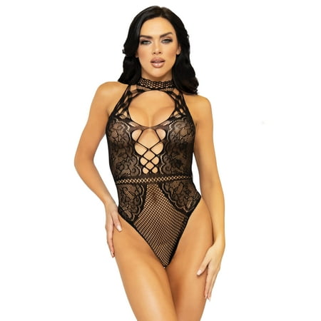 Net and Lace Keyhole Halter Bodysuit - One Size - Black