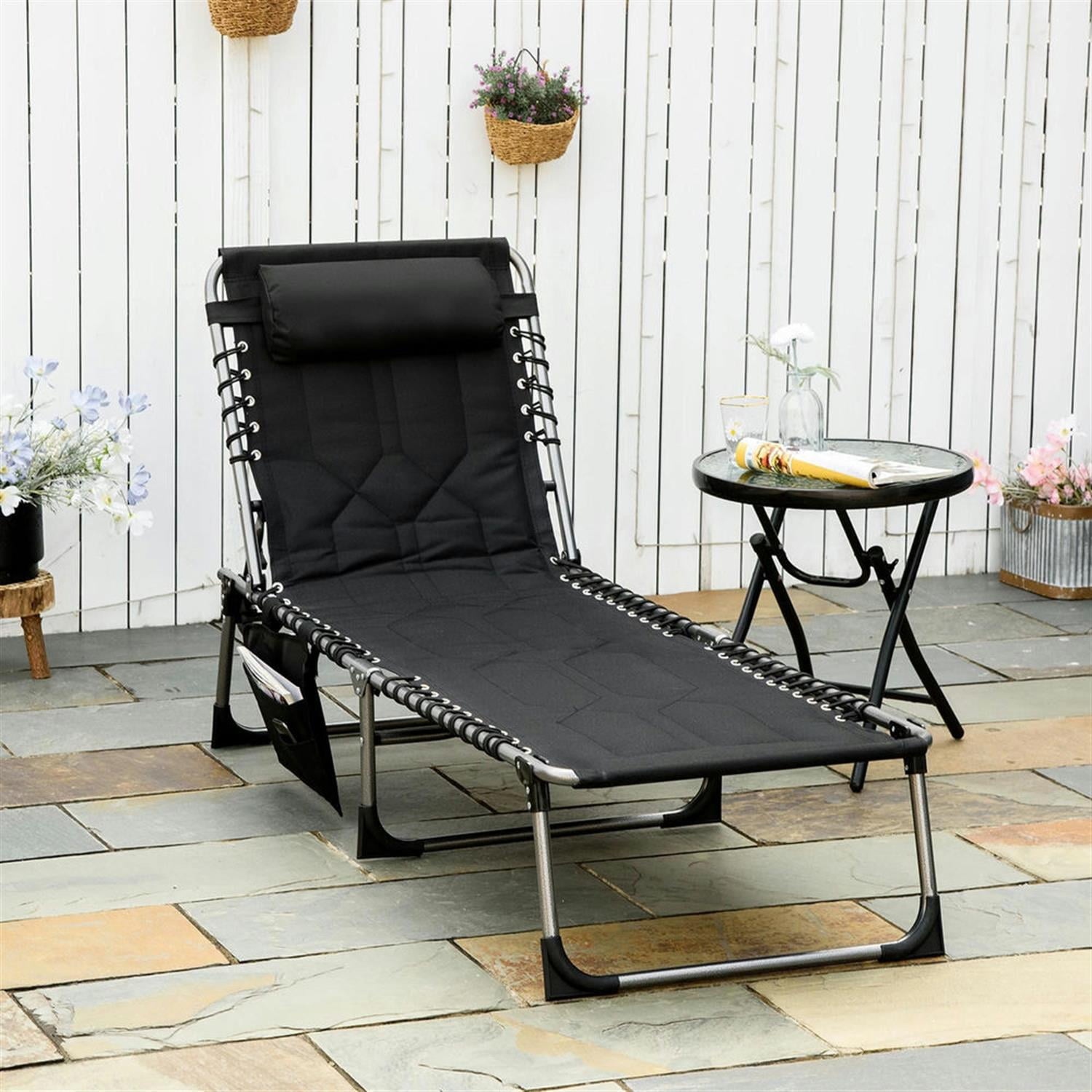 Demi Bonn Outdoor Padded Reclining Chaise Lounge, 6-Level Folding Beach Relaxation Chair with Headrest for Patio Pool Sunbathing, Black