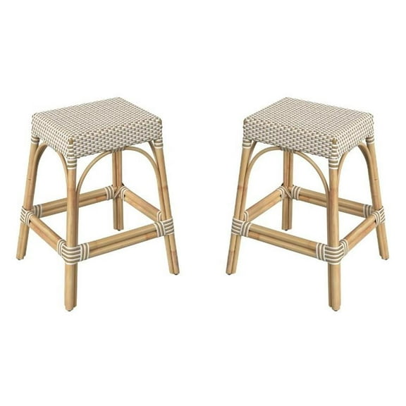 Home Square 24.5" Rattan Counter Stool in White and Tan Dot - Set of 2