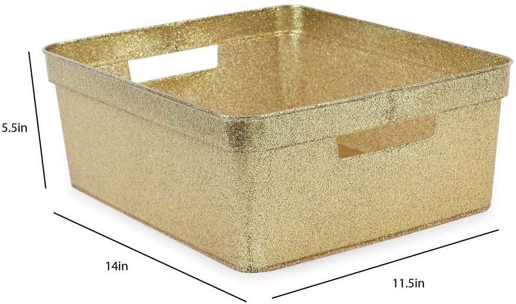 Isaac Jacobs Medium Glitter Storage Bin 14 x 11.5 x 5.5 Set w/Cut-Out Handles, Plastic Organizer, Multi-Functional, Home Storage Solution, 2, Gold