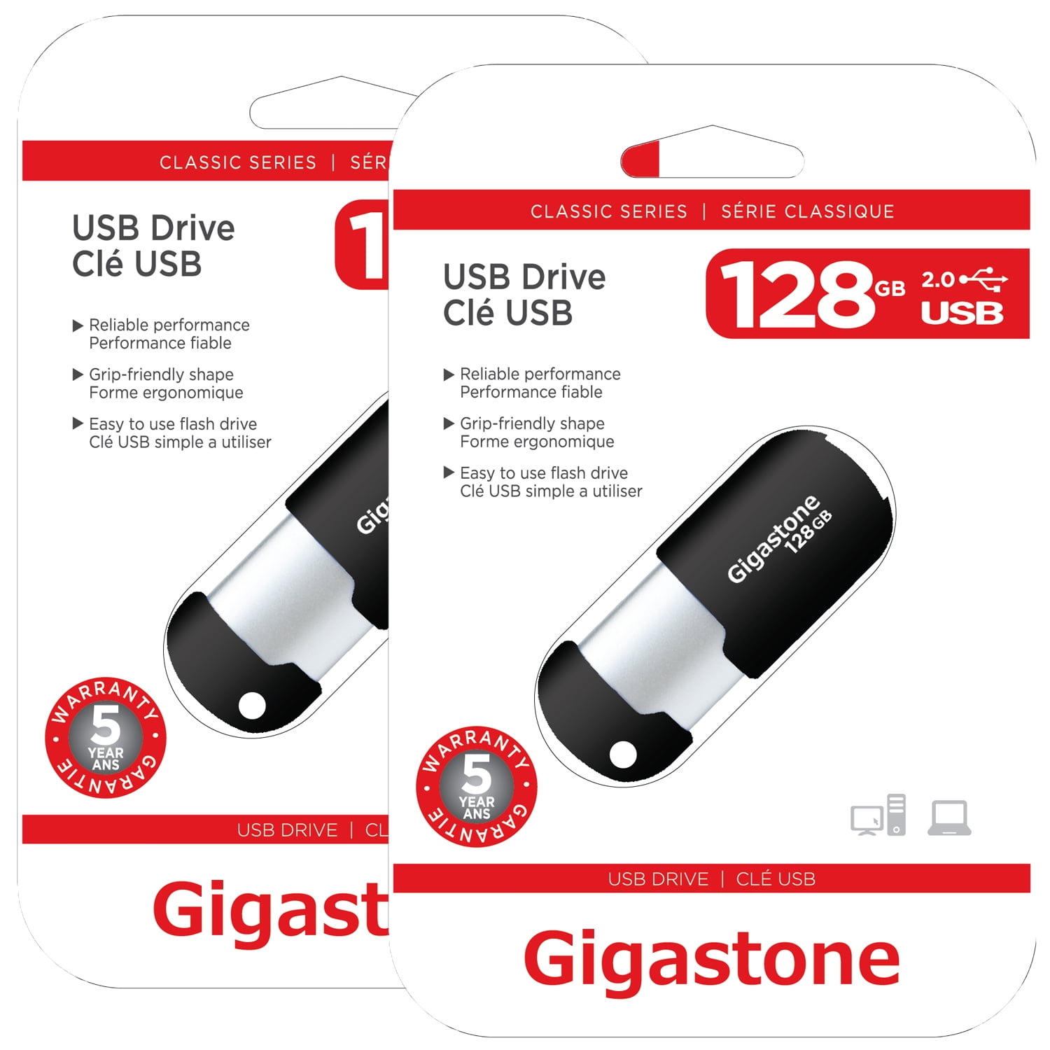 Gigastone V10 128GB USB 2.0 Flash Drive, Capless Retractable Design Pen Drive, Black and Silver, 2 Pack (2x128GB)