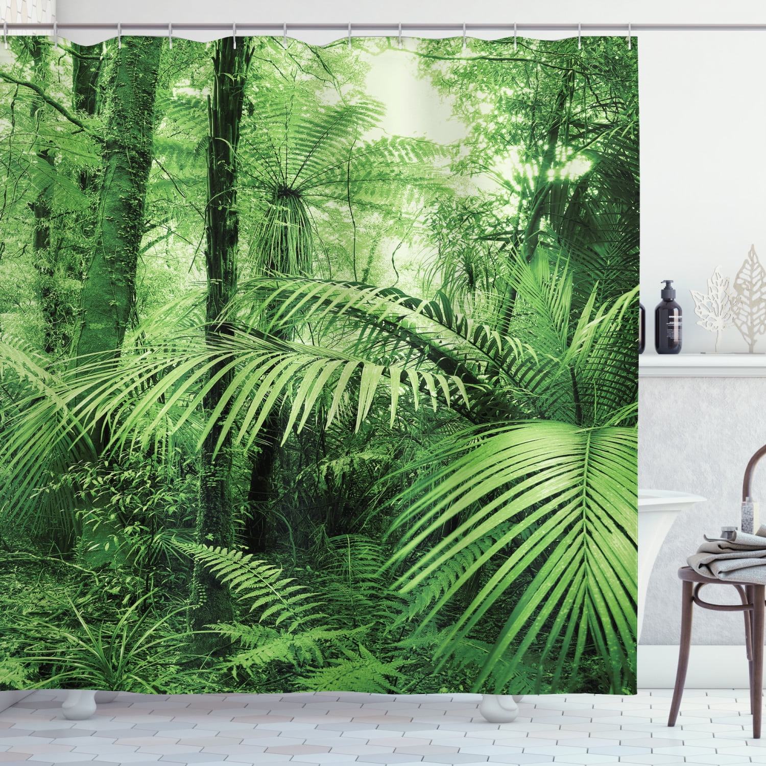 Tropical Green Jungle Palm Trees Polyester Fabric Shower Curtain Bathroom Hooks 