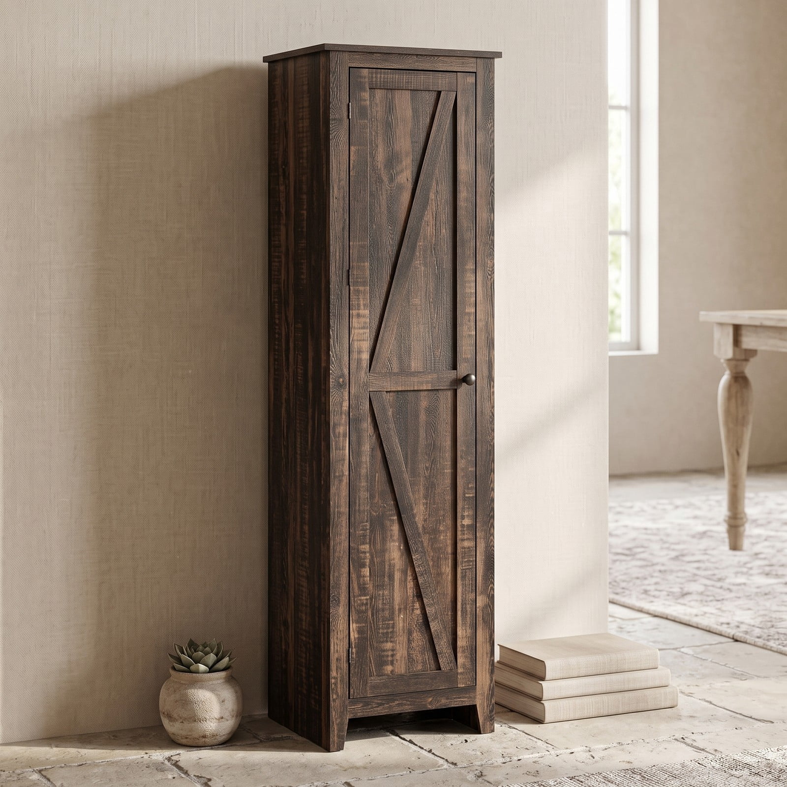 ALPULON Linen Tower Bathroom Storage Cabinet, Tall Slim Freestanding Floor Organizer with 4 Shelves and Enclosed Door, Narrow Anti-Tip Side Storage for, Walnut