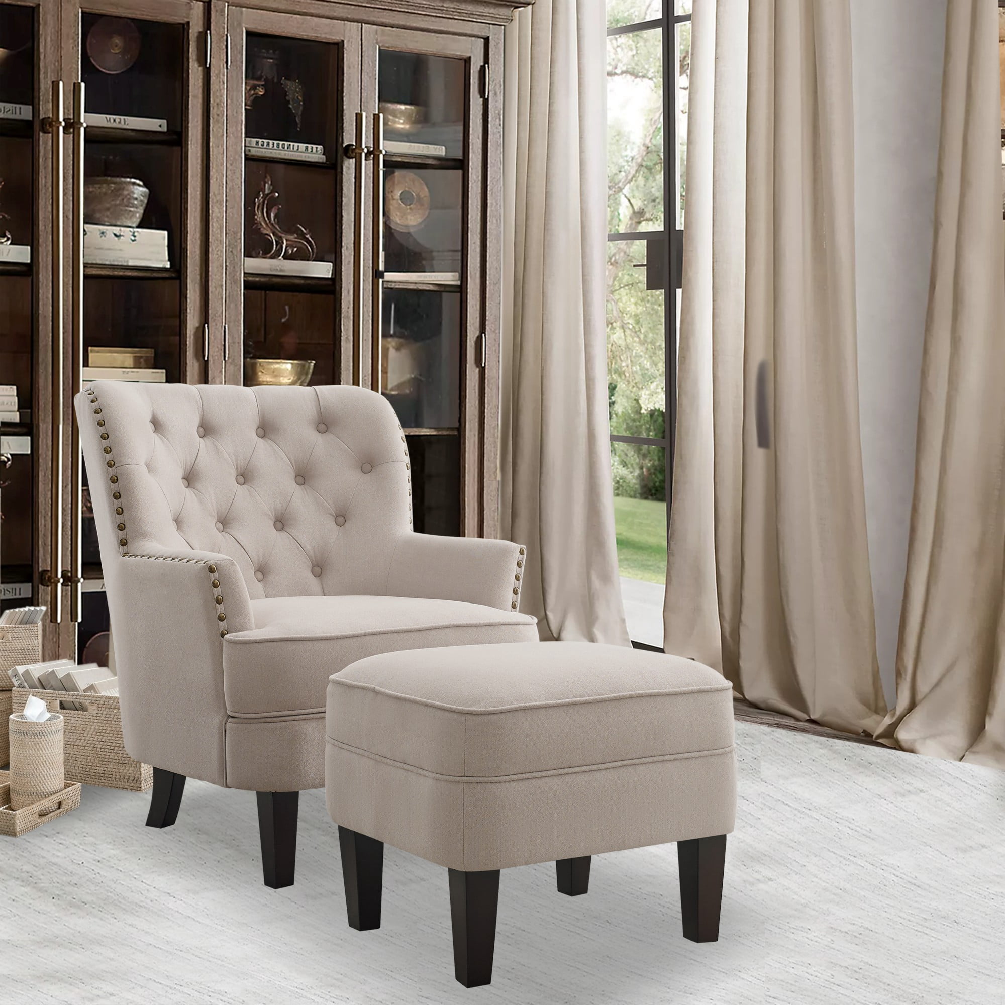 Gewnee Beige 30-Inch Armchair with 20-Inch Ottoman Style - Solid Rubberwood Legs, Breathable Linen Fabric, Suitable for Living Room & Balcony