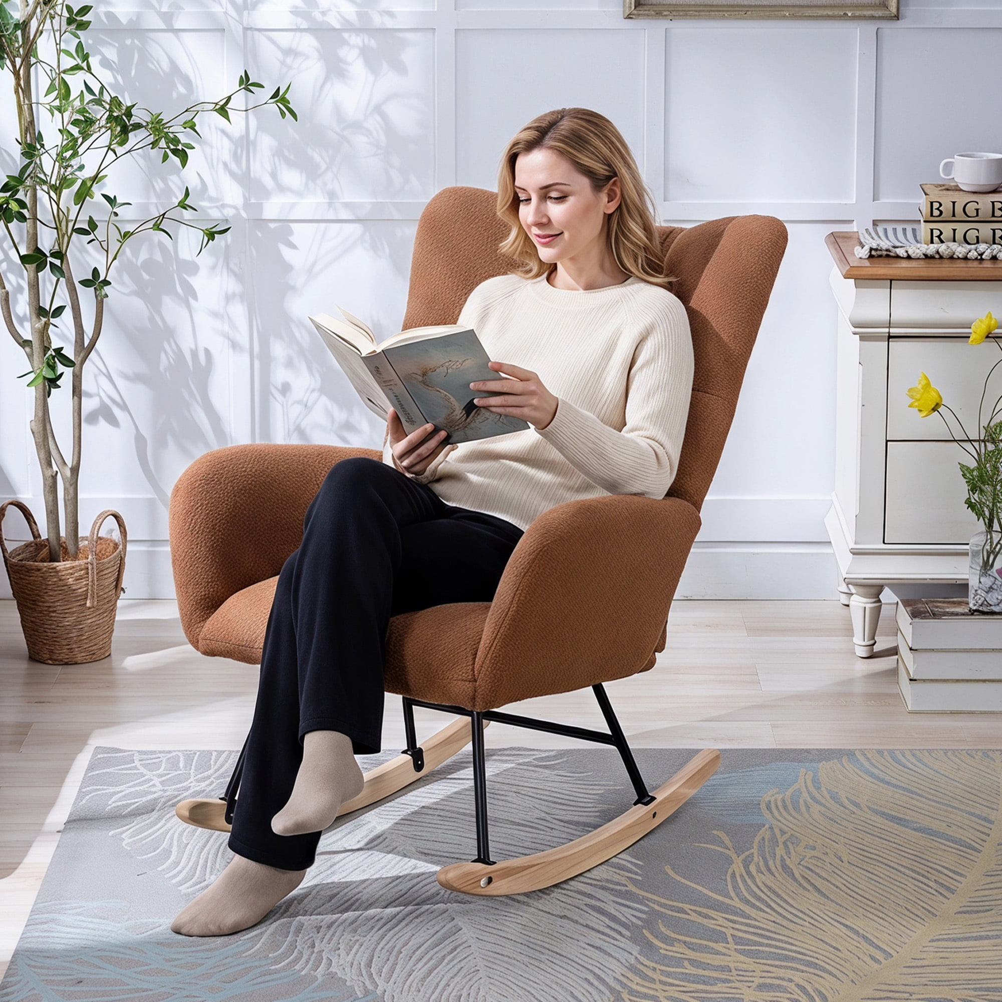 Leumius Rocking Chair Nursery,Teddy Upholstered Glider Rocker with High Backrest,Modern Rocking Accent Chairs Glider Recliner for Living Room, Nursery, Bedroom,Brown