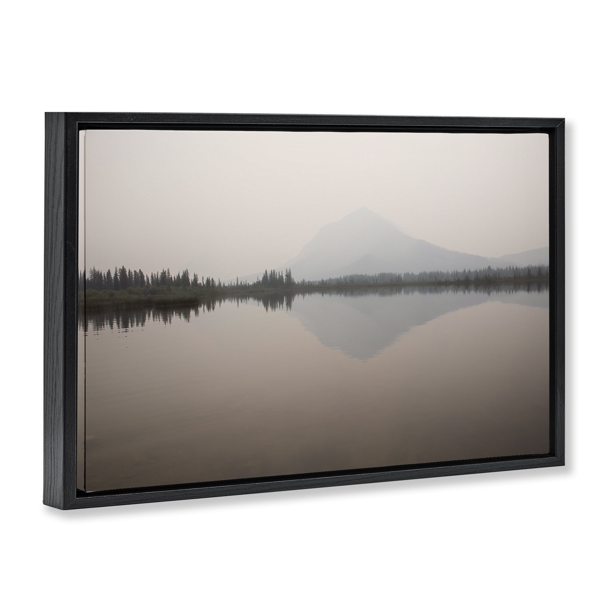 Stupell Industries Mountain Peak Reflecting Lake Landscape & Nature Photography Black Floater Framed Canvas Art Print Wall Art, 25 x 17