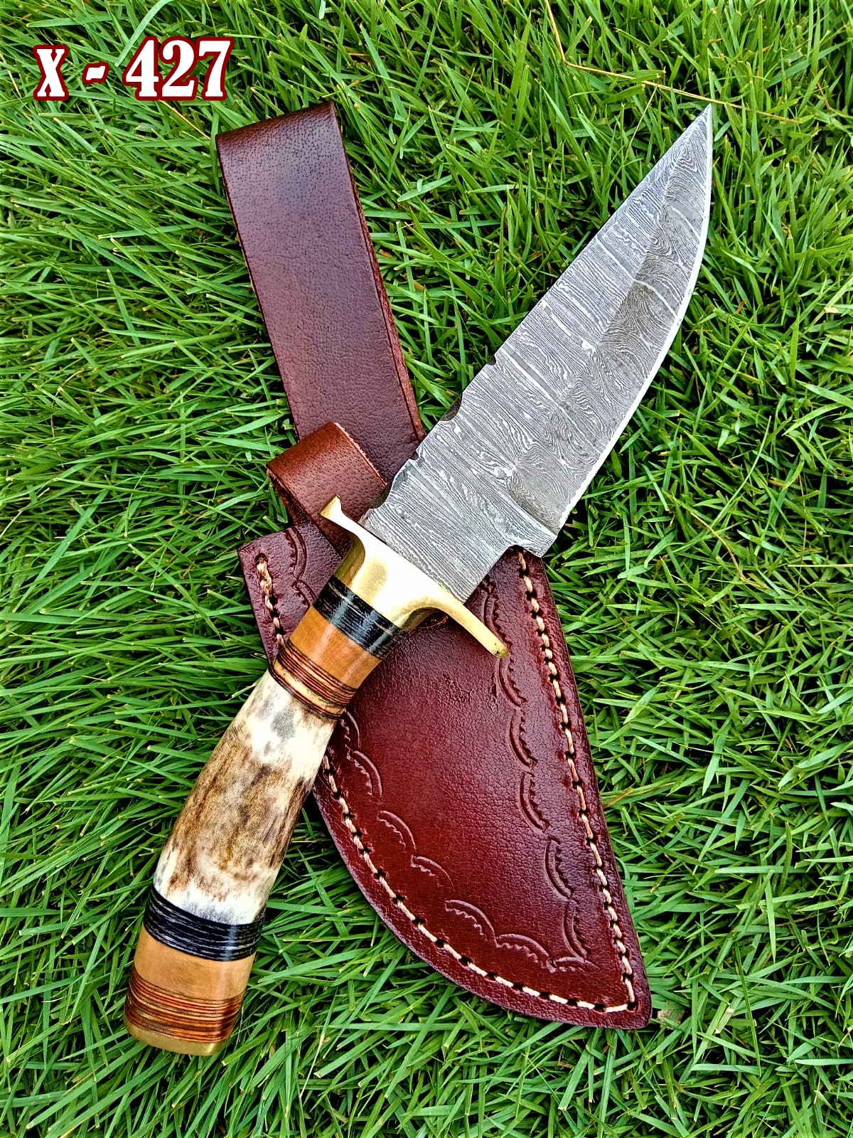 Custom Handmade Damascus Steel Skinning knife Stag Antler Handle With Belt Leather Sheath