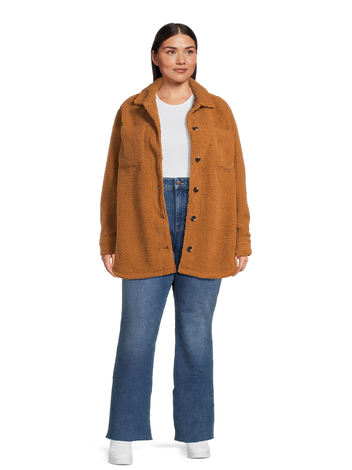 Jason Maxwell Women’s and Women’s Plus Size Faux Shearling Button Down Shacket, Sizes S-3X