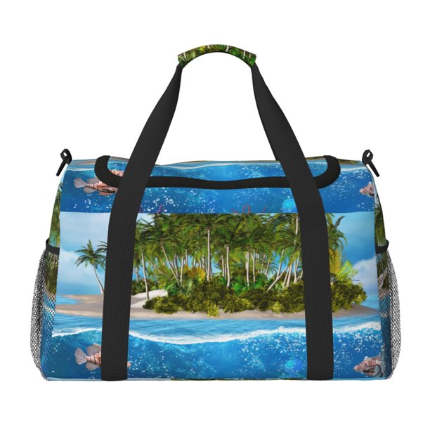 Fotbe Island And Coral Reef Bolsa de Viaje con Estampado, Bolsa de Fin de Semana para Mujer con Compartimento para Zapatos, Bolsa de Gimnasio con Bolsillo Húmedo