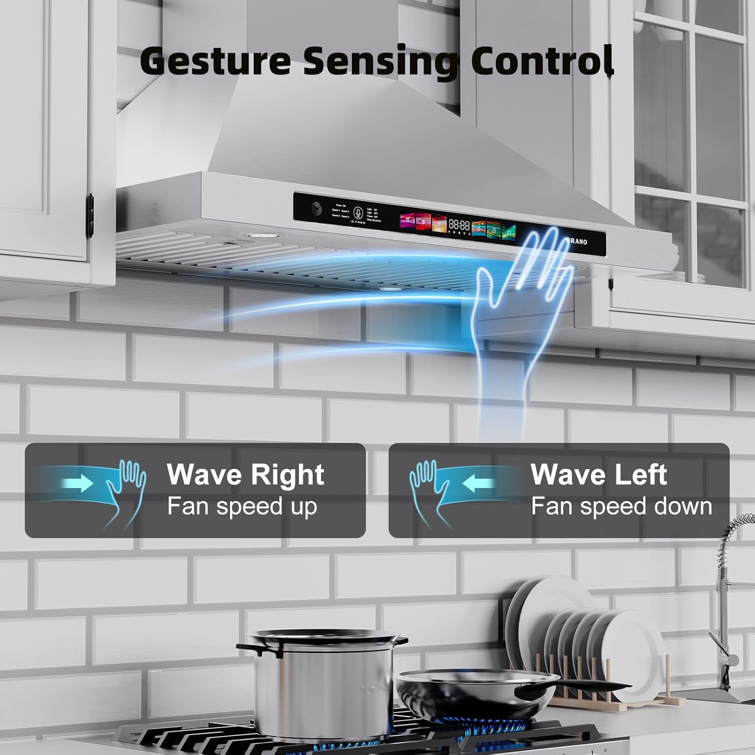 36-inch Wall Mount Range Hood 900 CFM with Voice/Gesture/Touch Control, Stainless Steel Kitchen Hood Vent with 4 Speed Exhaust Fan, LED Adjustable Lights, Memory Mode