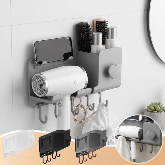 No Drill Hair Dryer Holder with Storage Bin, Wall Mounted Washroom Rack with Phone Shelf, Durable Multi Functional Organizer for Toiletries, Modern Slate Gray, 1 Pack
