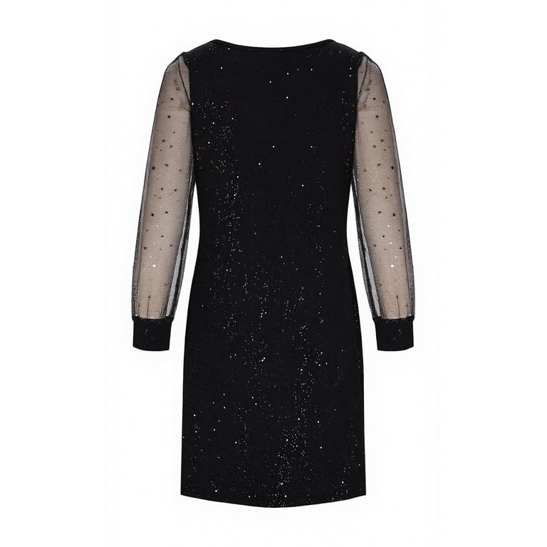 Bltiby Sequin Dresses for Women Mesh Panel Casual V Neck Long Sleeve Dress Solid Sparkle Fashion Loose Fit Holiday Party Summer Clothes Black XXL,