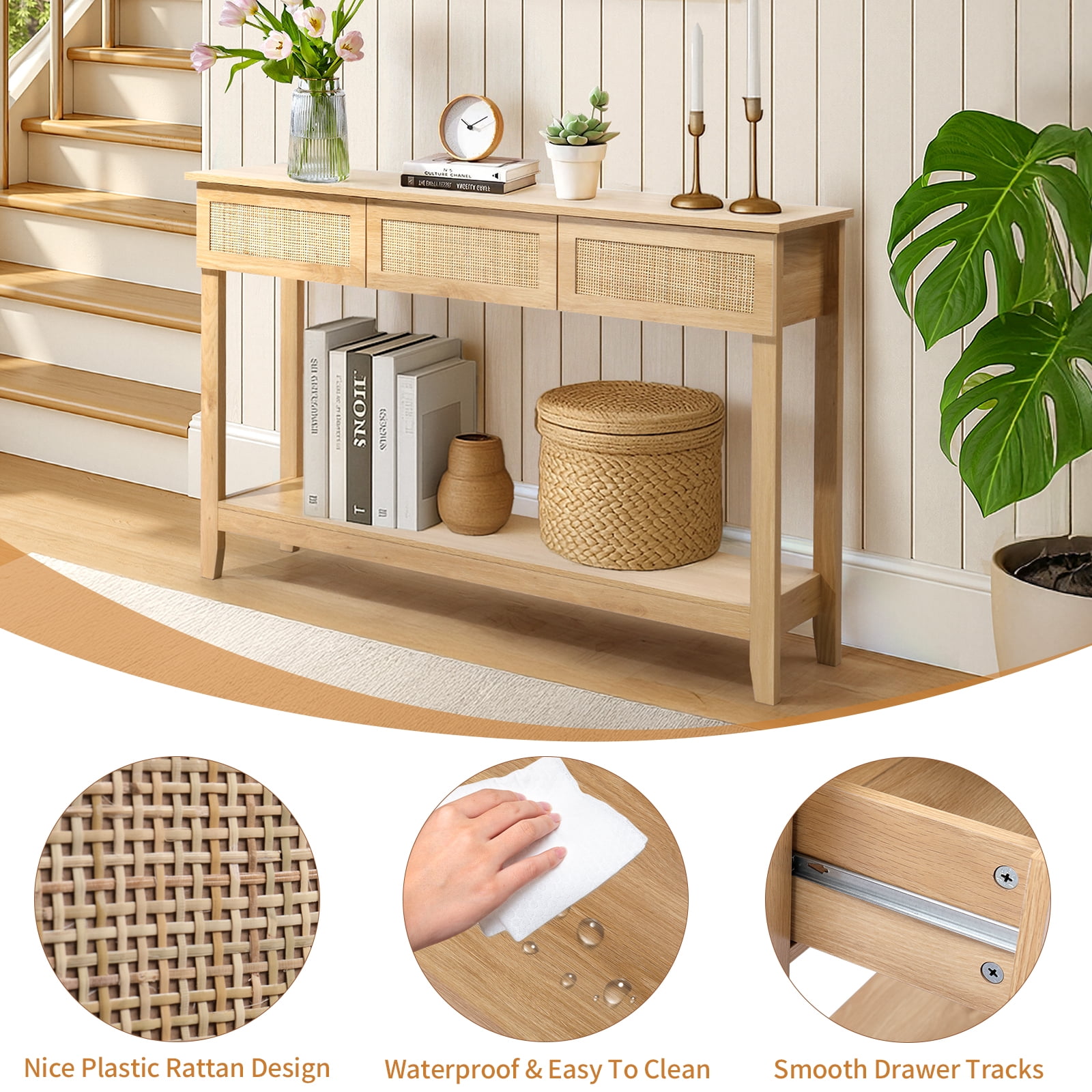 Rattan Console Table, Boho Entryway Sofa Table with 3 Drawers & Storage Shelf, Natural Wood