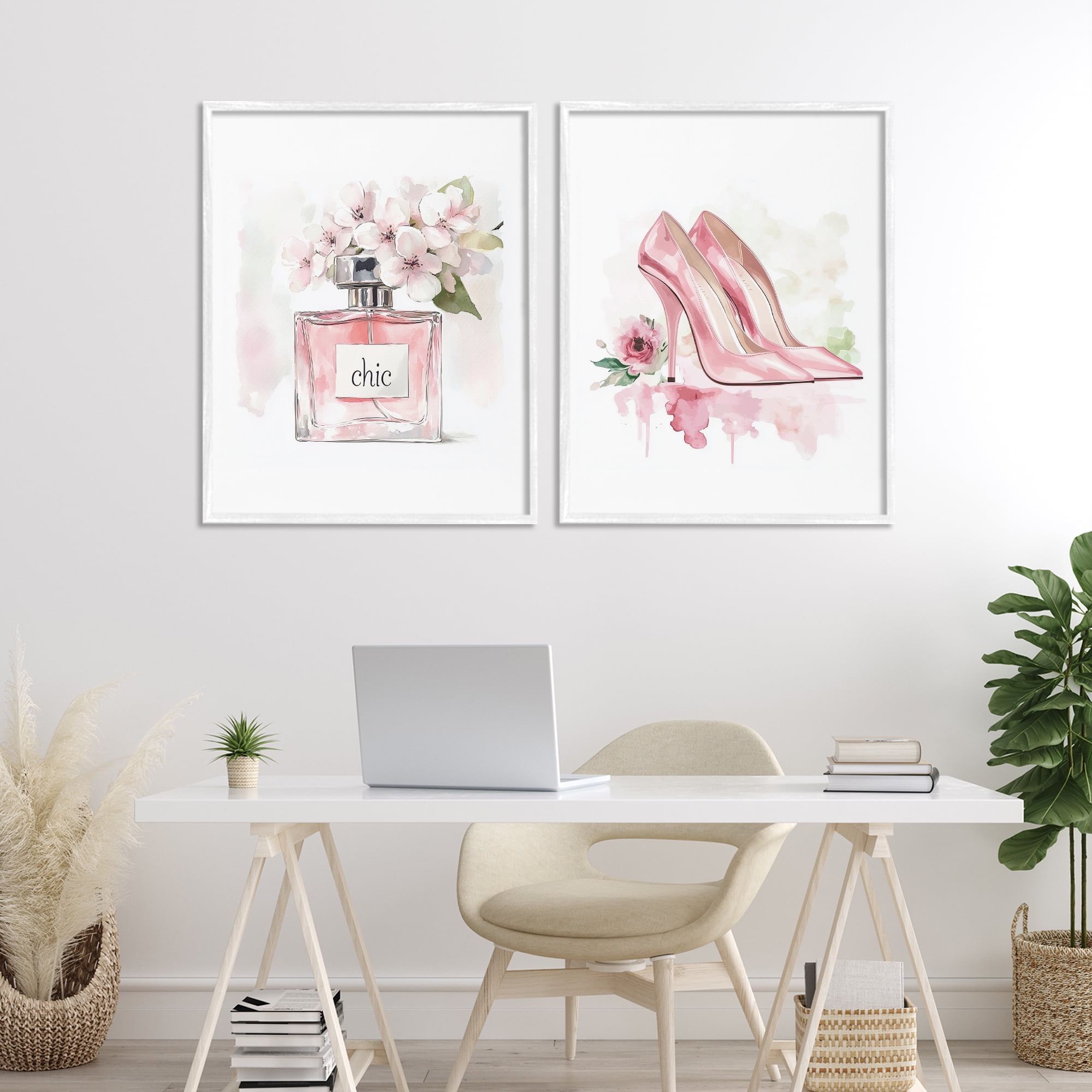 Rosy Pastel Perfume & Heels 2 Piece White Framed Giclee Art Set, design by Christine Simpson Art