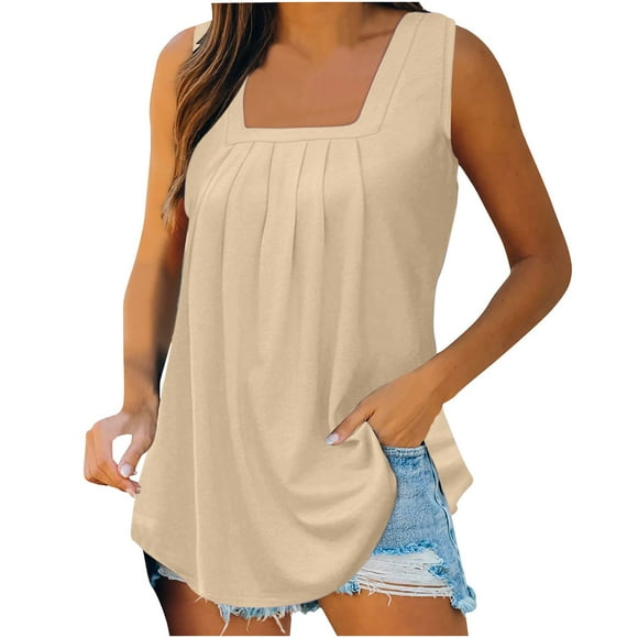 Women's Star Striped Tank Tops Casual Square Neck Sleeveless Blouses Pleated Holiday Graphic Tees T Shirts