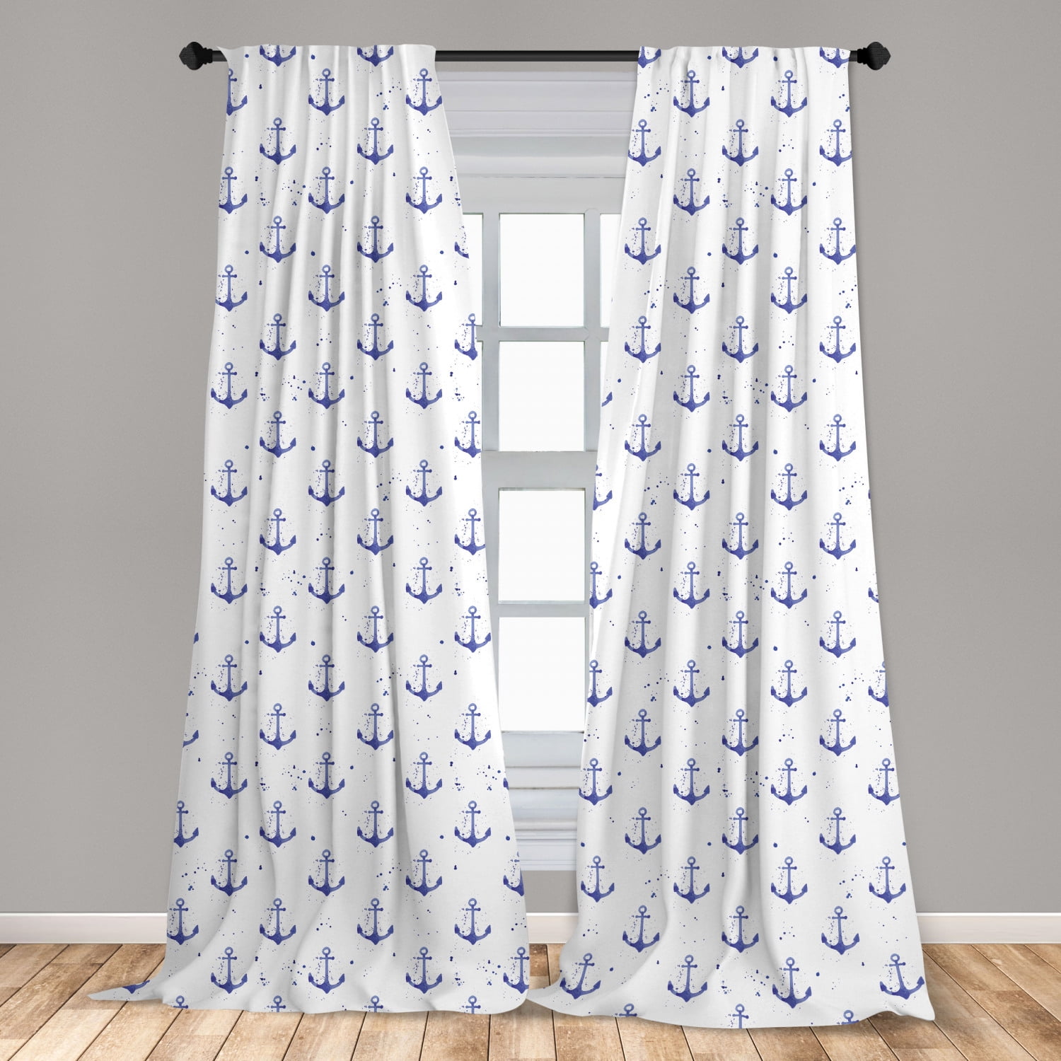 Anchor Curtains 2 Panels Set, Aquarelle Anchor Motifs with Paint