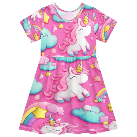 Girls Short Sleeve A-Line Dress Unicorns and Clouds Play Dress Sizes 2T
