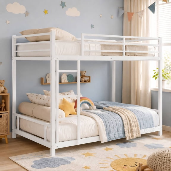 Metal Twin over Twin Bunk Bed, UHOMEPRO Heavy Duty Metal Bunk Bed Frame with Safety Guardrails, Built-in Ladder, Noise-Reduced Slats, Low Profile Bunk Bed for Kids, Teens Bedroom, White