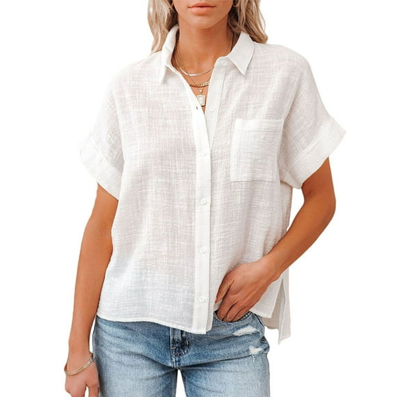 Fashnice Dames Chemises Bouton vers le Bas Blouse Manches Courtes Tops Casual Travail Tunique Chemise Blanc S